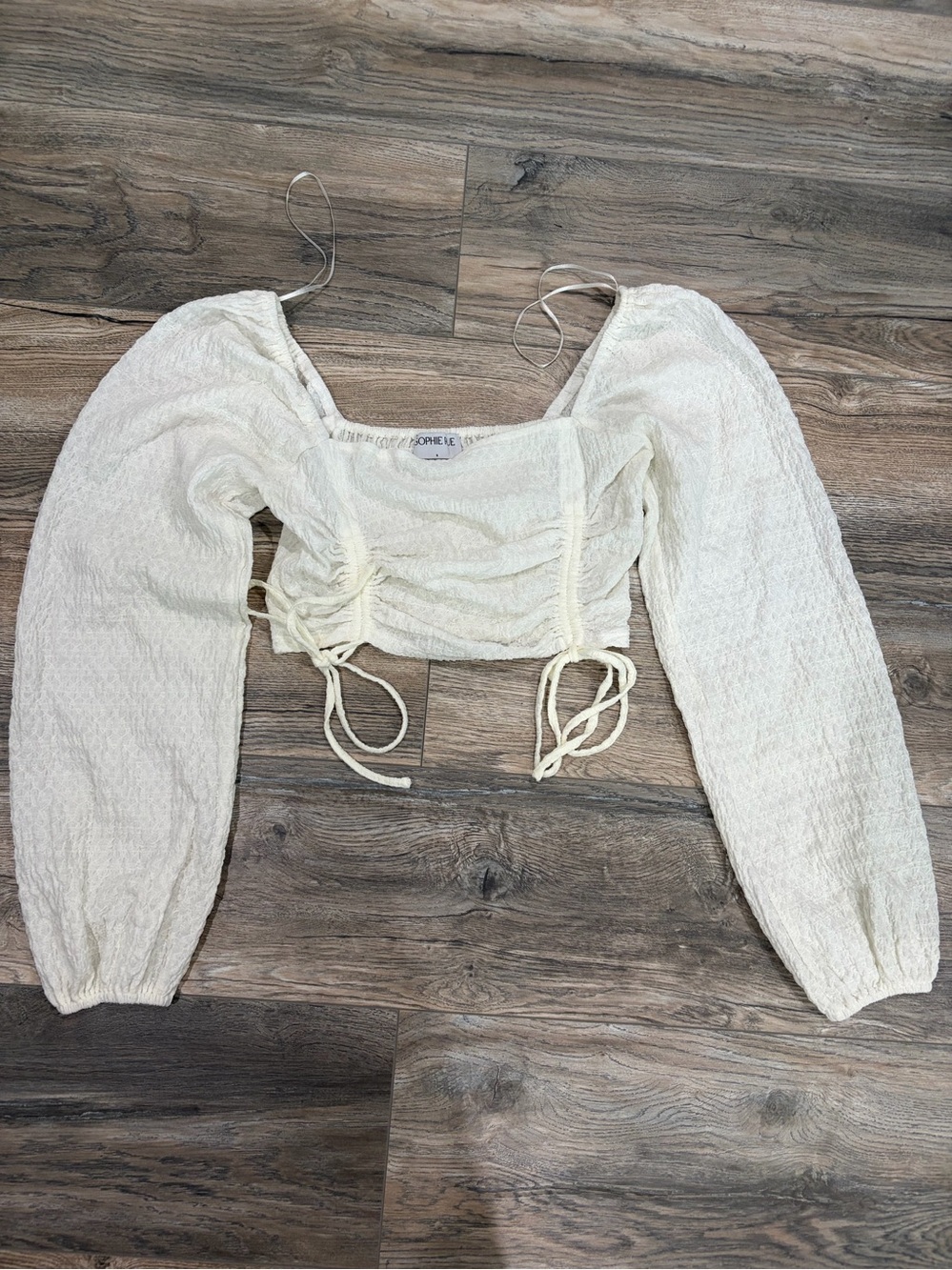 Sophie Rue Cream Smocked Long-Sleeve Crop Top